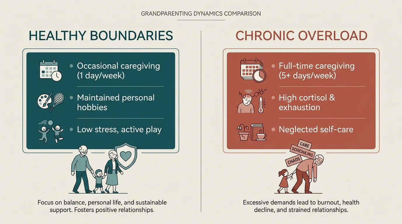 A two-column comparison infographic outlining healthy boundaries versus chronic overload in grandparenting dynamics.