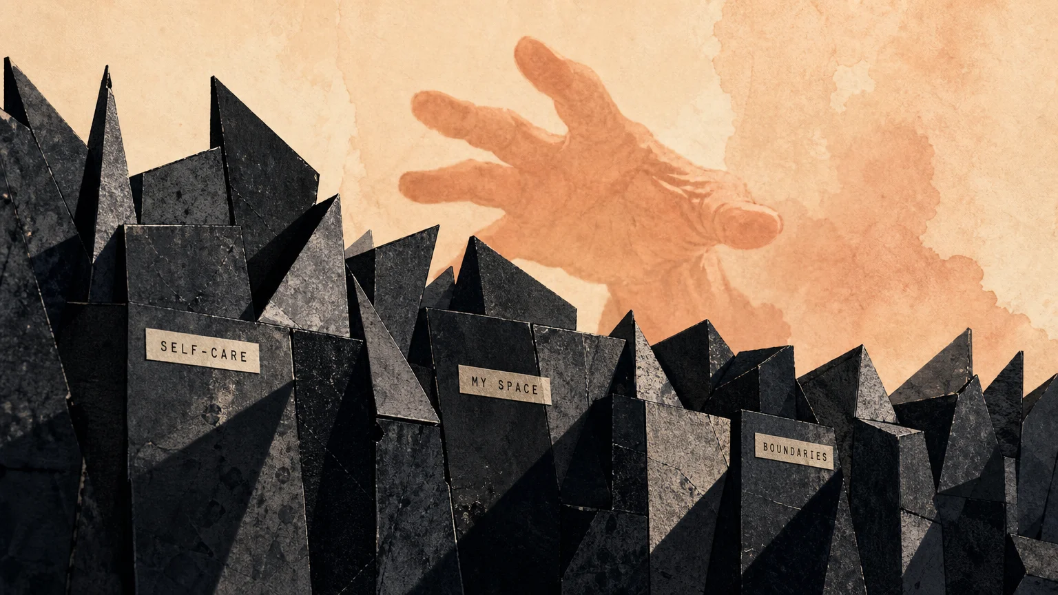 A wall made of sharp black shapes labeled 'SELF-CARE' blocking a soft, reaching hand in the background.