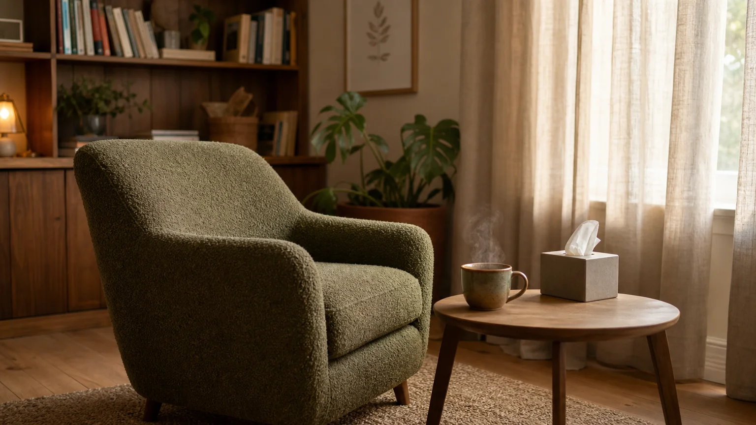 A warm and inviting therapist's office featuring a comfortable green armchair next to a side table with a warm mug under soft light.