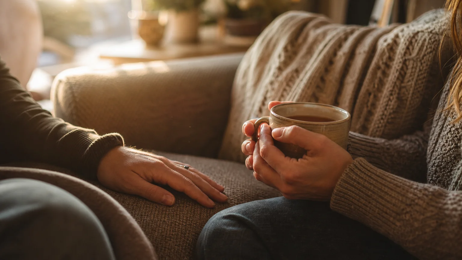 A warm close-up photograph of a person's hands holding a mug on a sofa, with a supportive hand resting nearby in soft-focus light.