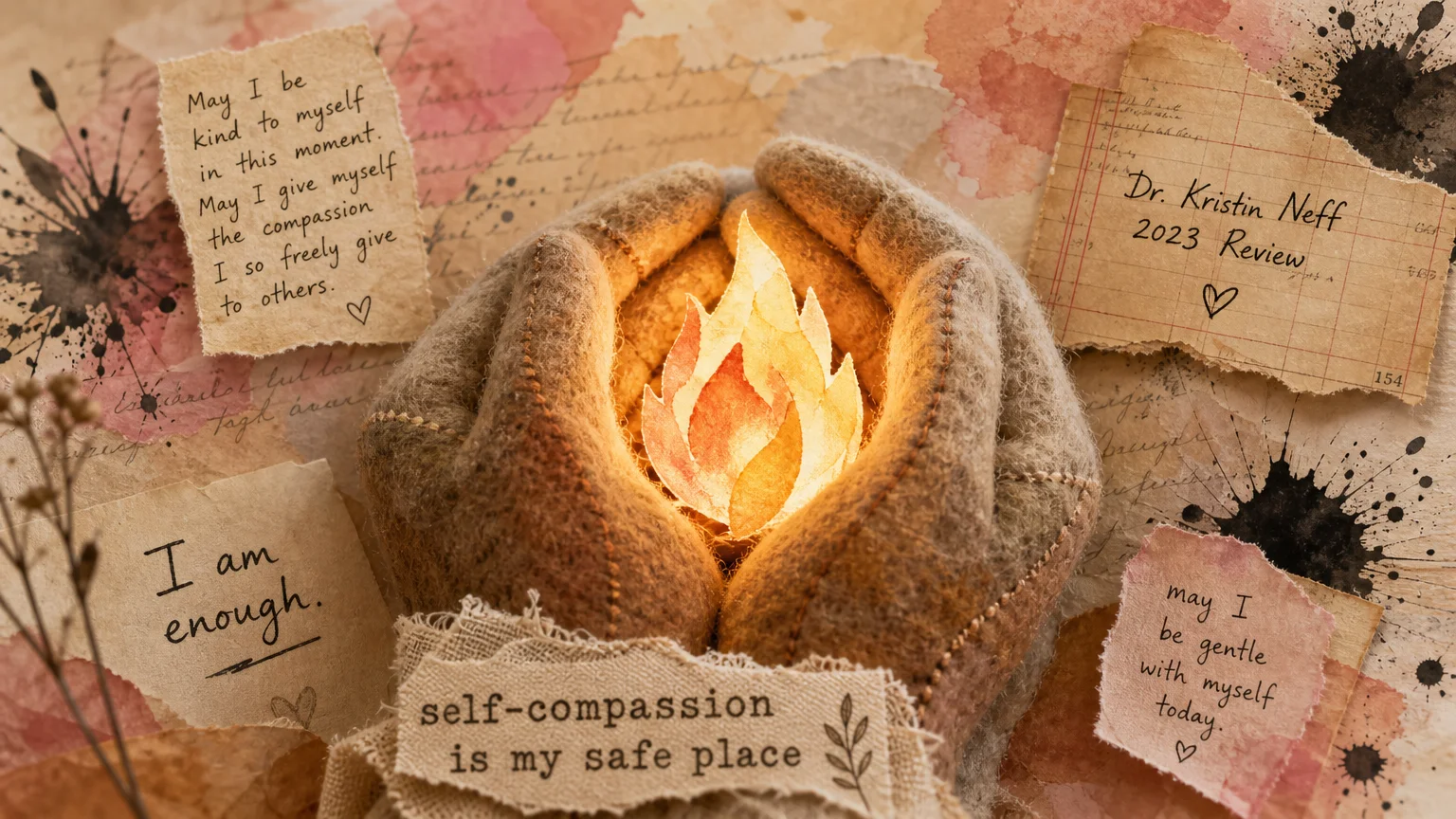 A warm collage of felt hands protecting a glowing light, representing the safety created by self-compassion.