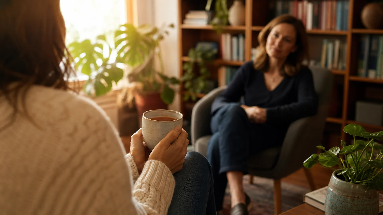 A warm photograph of a person holding a cup of tea in a comfortable therapy office, with a therapist listening in the background.