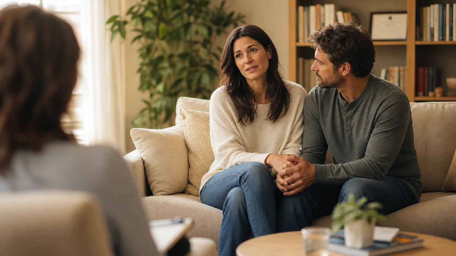 A warm, soft-focus photo of a couple holding hands on a couch during a supportive therapy session, bathed in gentle afternoon light.