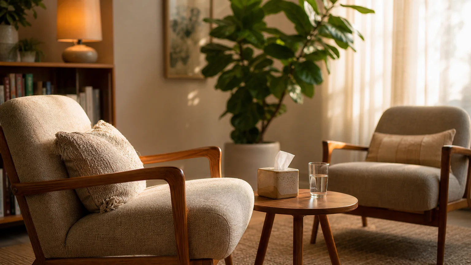 A warm, sunlit therapist's office featuring two comfortable armchairs facing each other, creating a safe and inviting space.