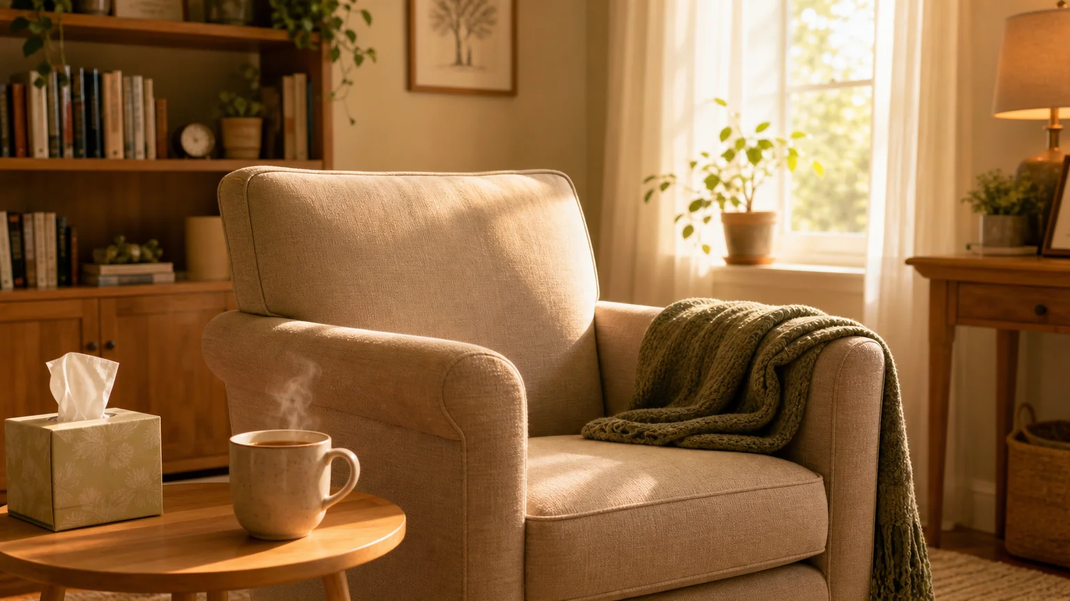 A warm, sunlit therapy office showing a cozy armchair with a knit blanket, a steaming mug of tea, and a peaceful atmosphere.