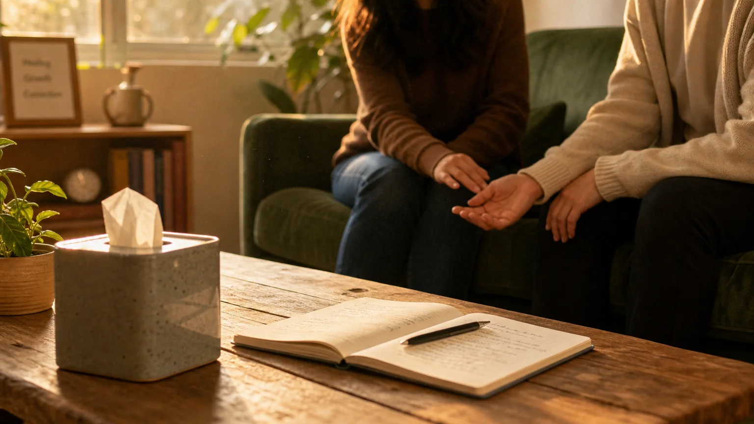 A warm, sunlit therapy office showing a notebook on a coffee table and a couple's hands sitting tentatively close on a velvet sofa.