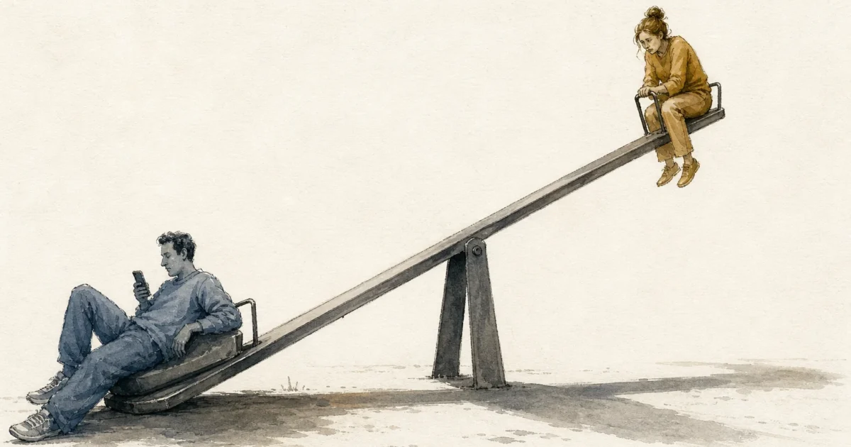 A watercolor illustration of two people on an uneven seesaw, symbolizing a lopsided, selfish relationship dynamic.