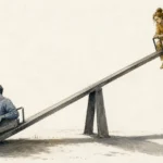 A watercolor illustration of two people on an uneven seesaw, symbolizing a lopsided, selfish relationship dynamic.
