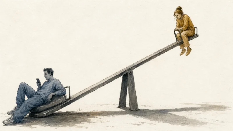 A watercolor illustration of two people on an uneven seesaw, symbolizing a lopsided, selfish relationship dynamic.
