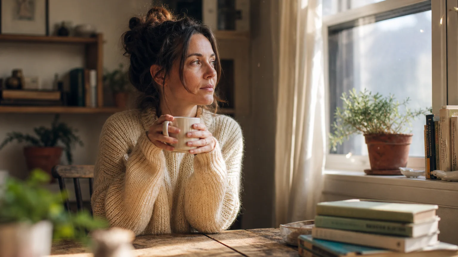 A woman in a cozy sweater sitting quietly at a wooden table, holding a warm mug in a sunlit apartment, looking reflective.