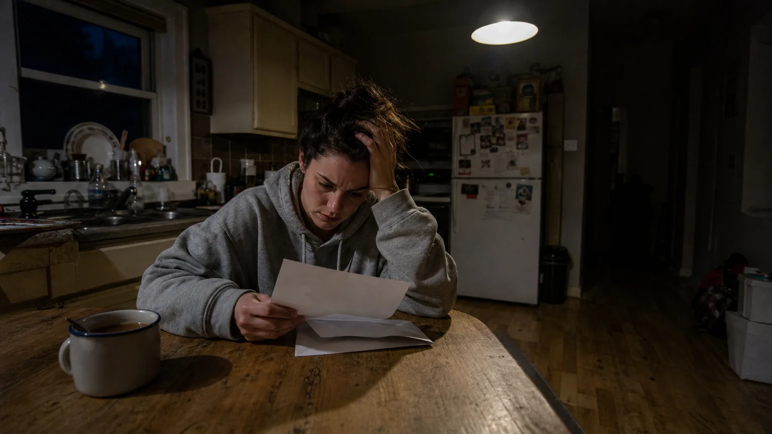 A woman in a kitchen at night staring anxiously at a piece of mail, illustrating catastrophizing.