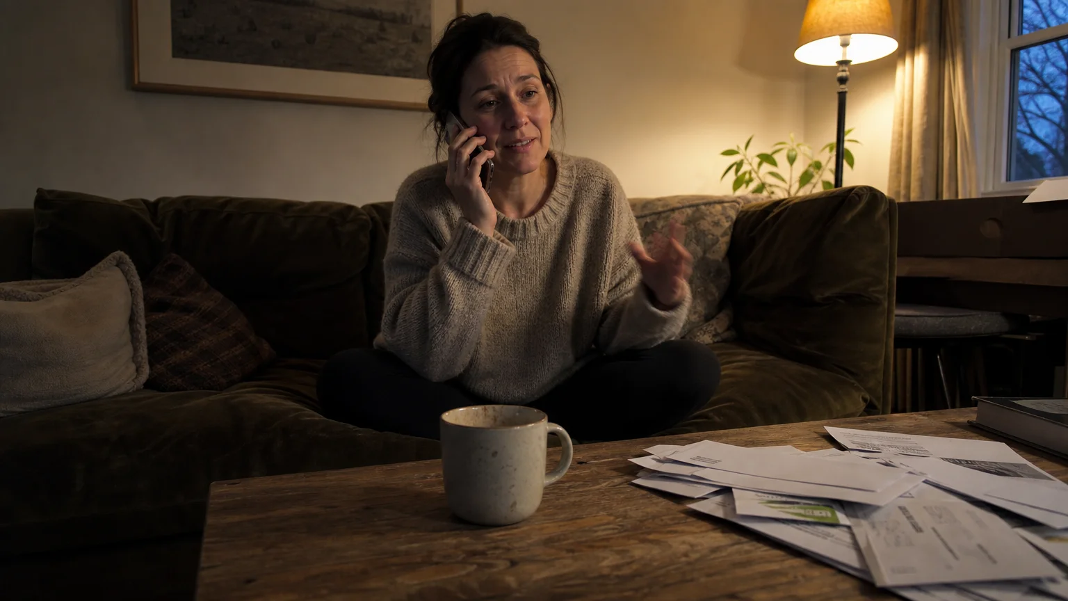 A woman sitting on a home sofa, talking on the phone with a vulnerable expression, illustrating the strength in asking for help.