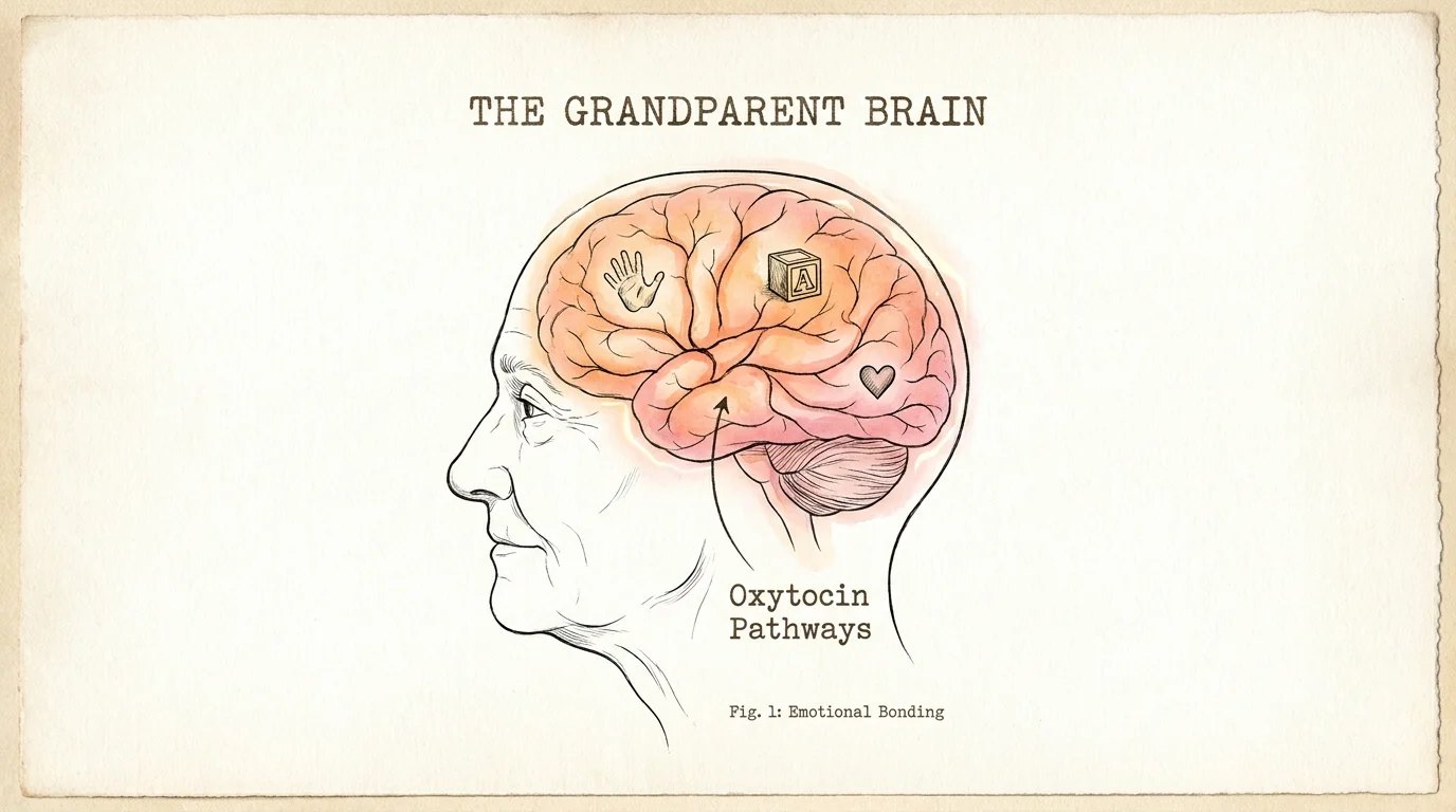 An anatomical illustration of a brain silhouette with warm glowing pathways labeled Oxytocin, woven with small hand-drawn icons.