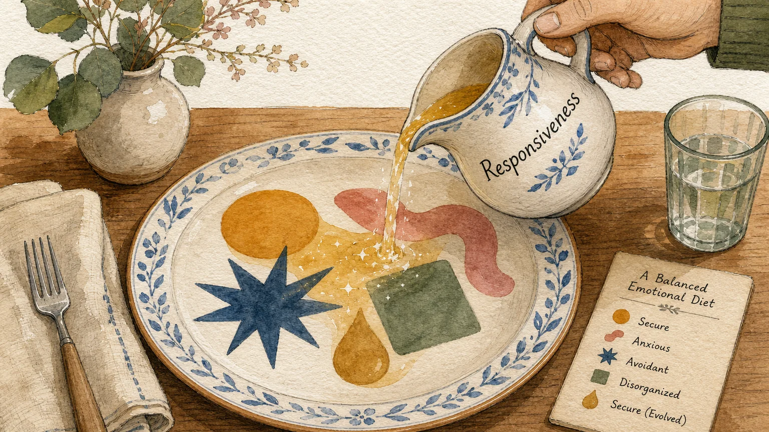 An artistic illustration of a ceramic plate filled with colorful abstract shapes, with a pitcher pouring warm light over them.