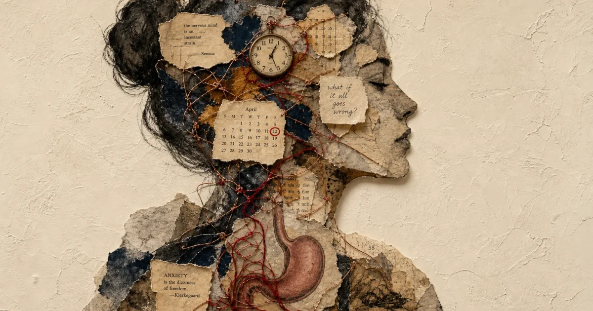 An artistic mixed-media collage silhouette of a person filled with tangled threads, a clock dial, and watercolor shapes on textured paper.