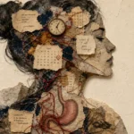 An artistic mixed-media collage silhouette of a person filled with tangled threads, a clock dial, and watercolor shapes on textured paper.