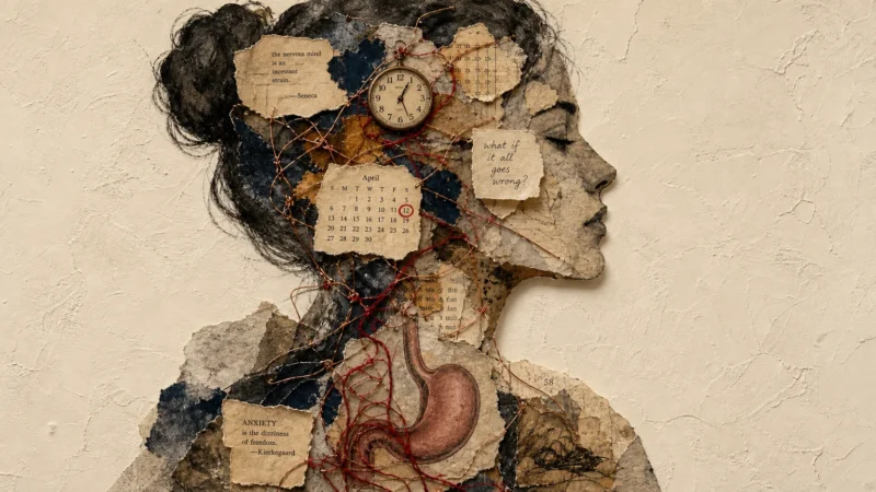 An artistic mixed-media collage silhouette of a person filled with tangled threads, a clock dial, and watercolor shapes on textured paper.