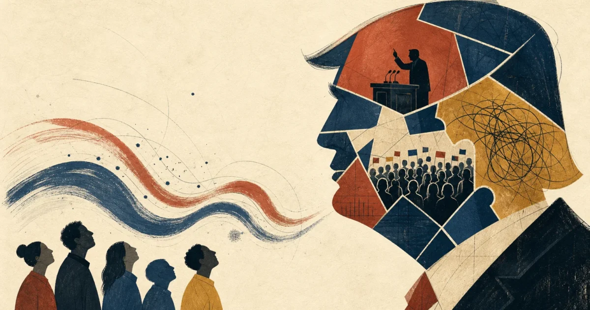 An editorial gouache illustration of an anonymous leader's profile silhouette filled with abstract patterns, representing public perception.