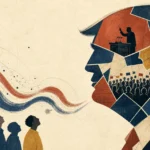 An editorial gouache illustration of an anonymous leader's profile silhouette filled with abstract patterns, representing public perception.