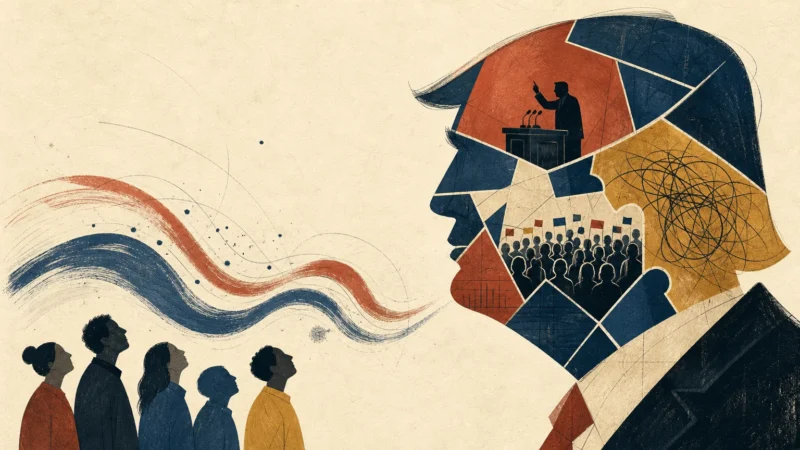 An editorial gouache illustration of an anonymous leader's profile silhouette filled with abstract patterns, representing public perception.