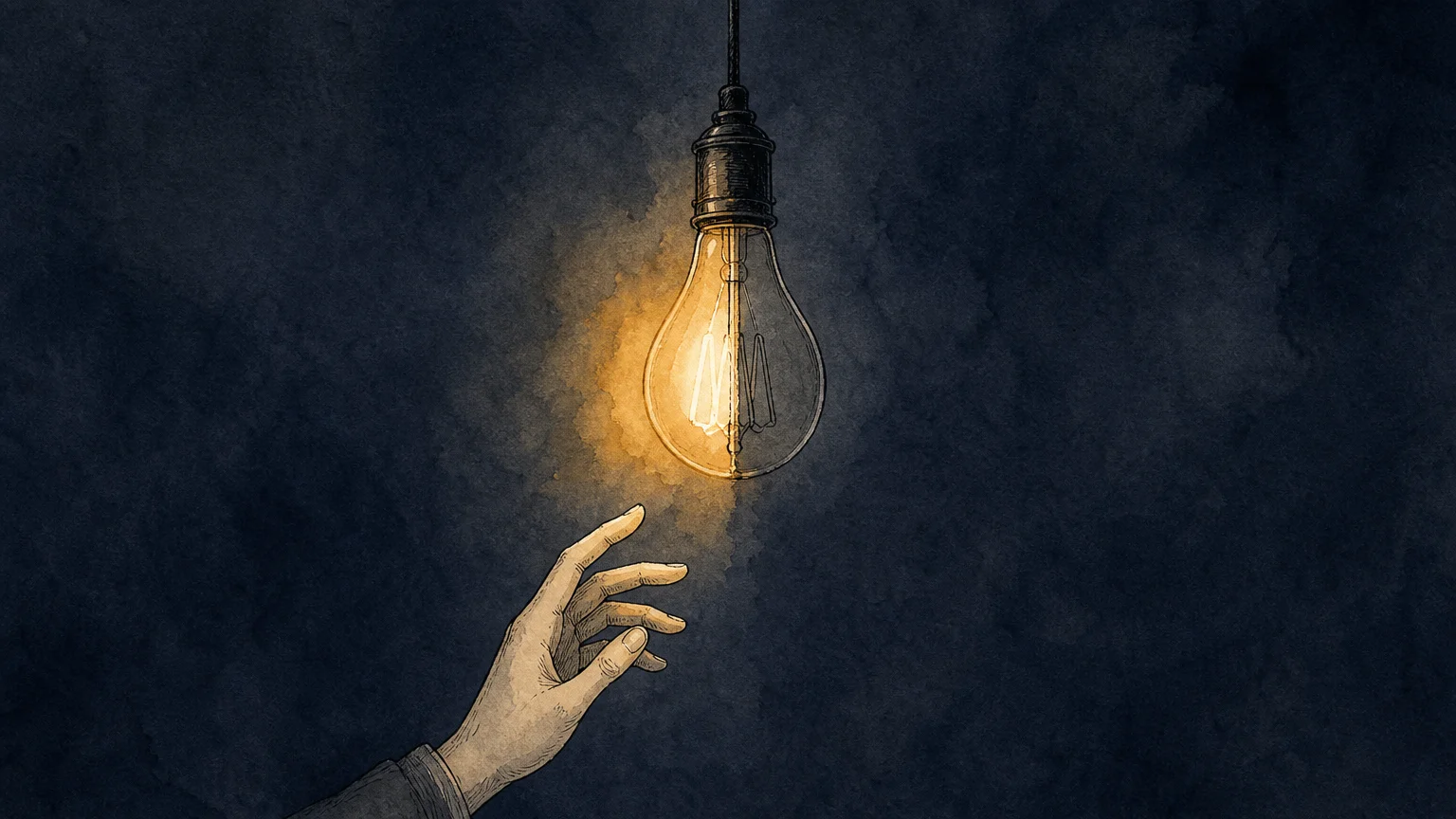 An editorial illustration of a hand reaching toward a hanging lightbulb that is half-glowing and half-dark.