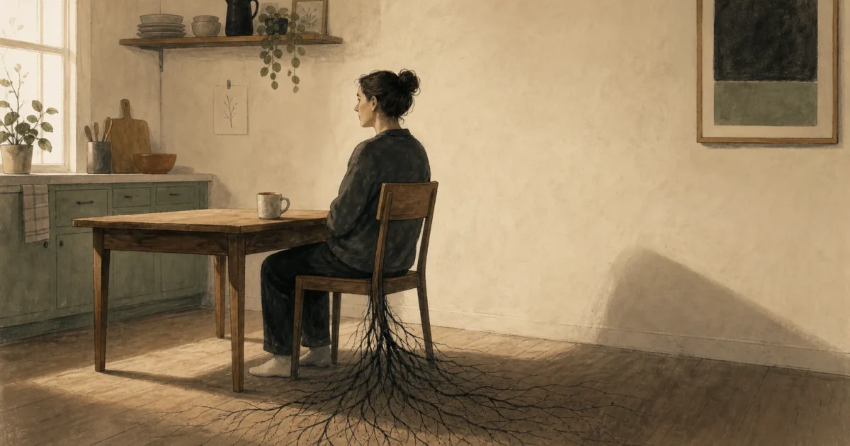 An editorial illustration of a person sitting at a table with a root system growing from their chair into the floorboards.