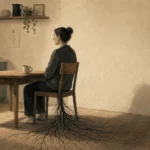 An editorial illustration of a person sitting at a table with a root system growing from their chair into the floorboards.