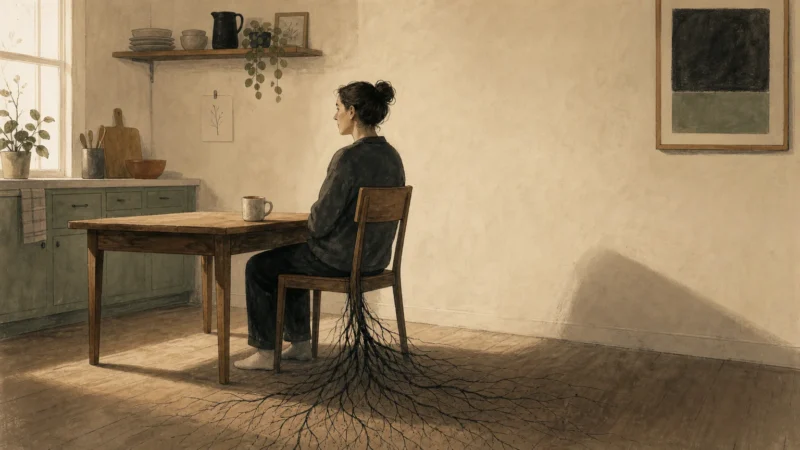 An editorial illustration of a person sitting at a table with a root system growing from their chair into the floorboards.