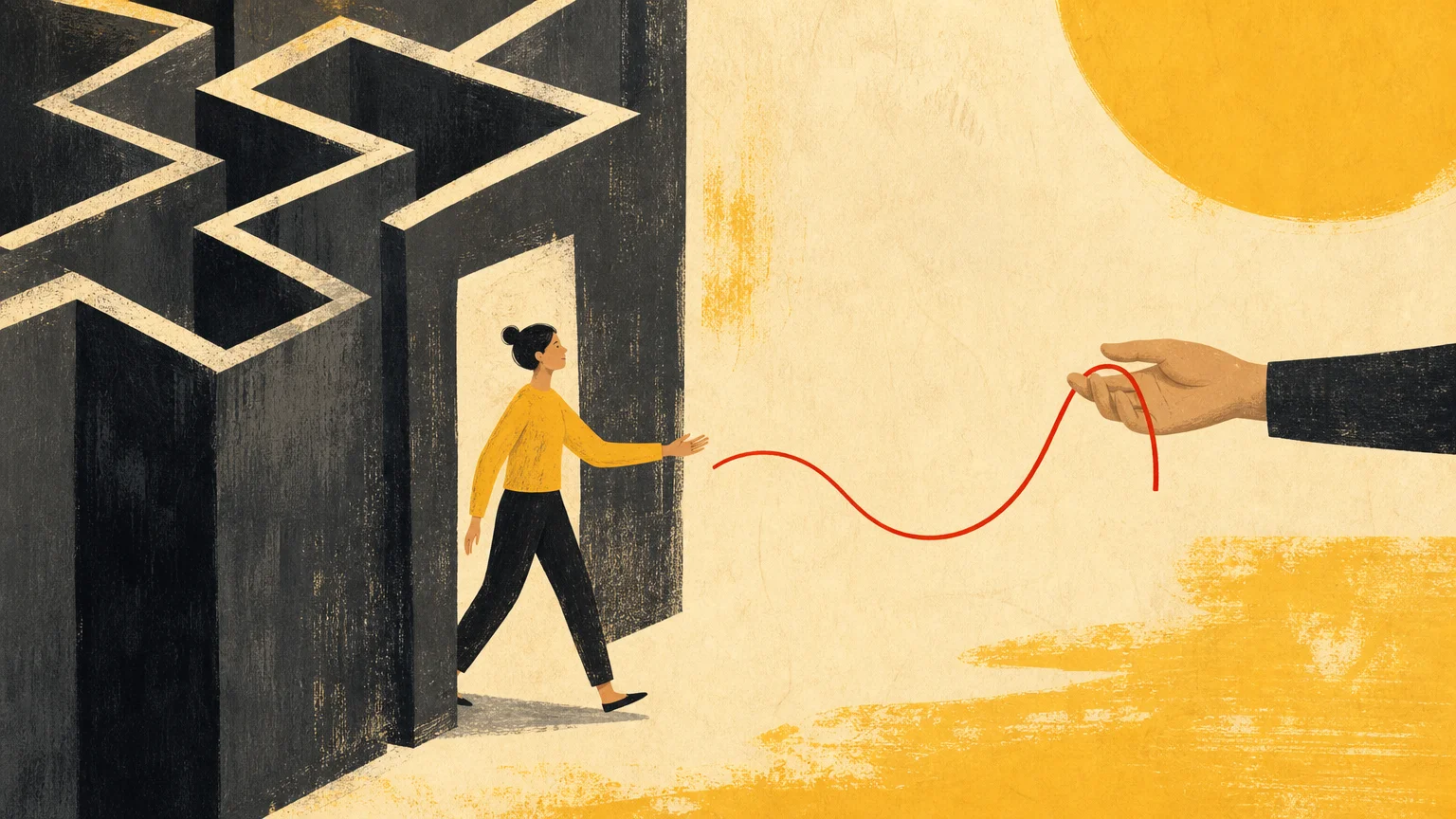 An editorial illustration of a person stepping out of a dark maze into a bright space, reaching for a guiding red thread.