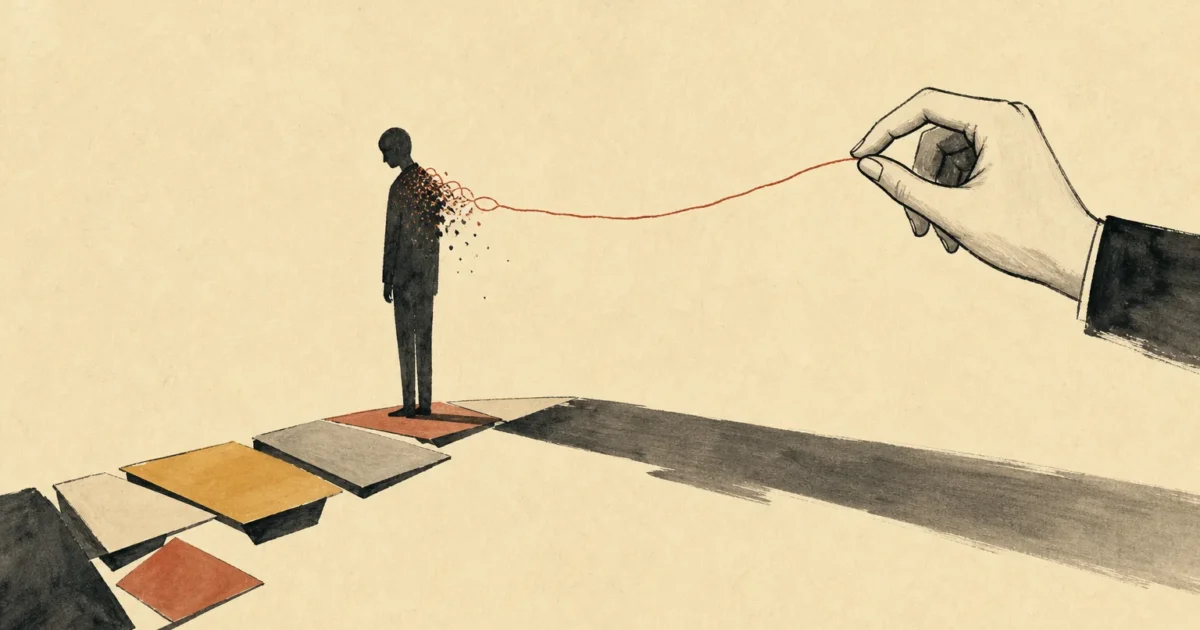 An editorial illustration of a silhouette standing on a fractured path, with a hand gently unravelling a thread from its shoulder.
