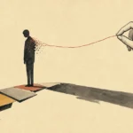 An editorial illustration of a silhouette standing on a fractured path, with a hand gently unravelling a thread from its shoulder.