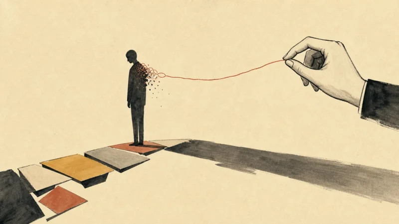 An editorial illustration of a silhouette standing on a fractured path, with a hand gently unravelling a thread from its shoulder.