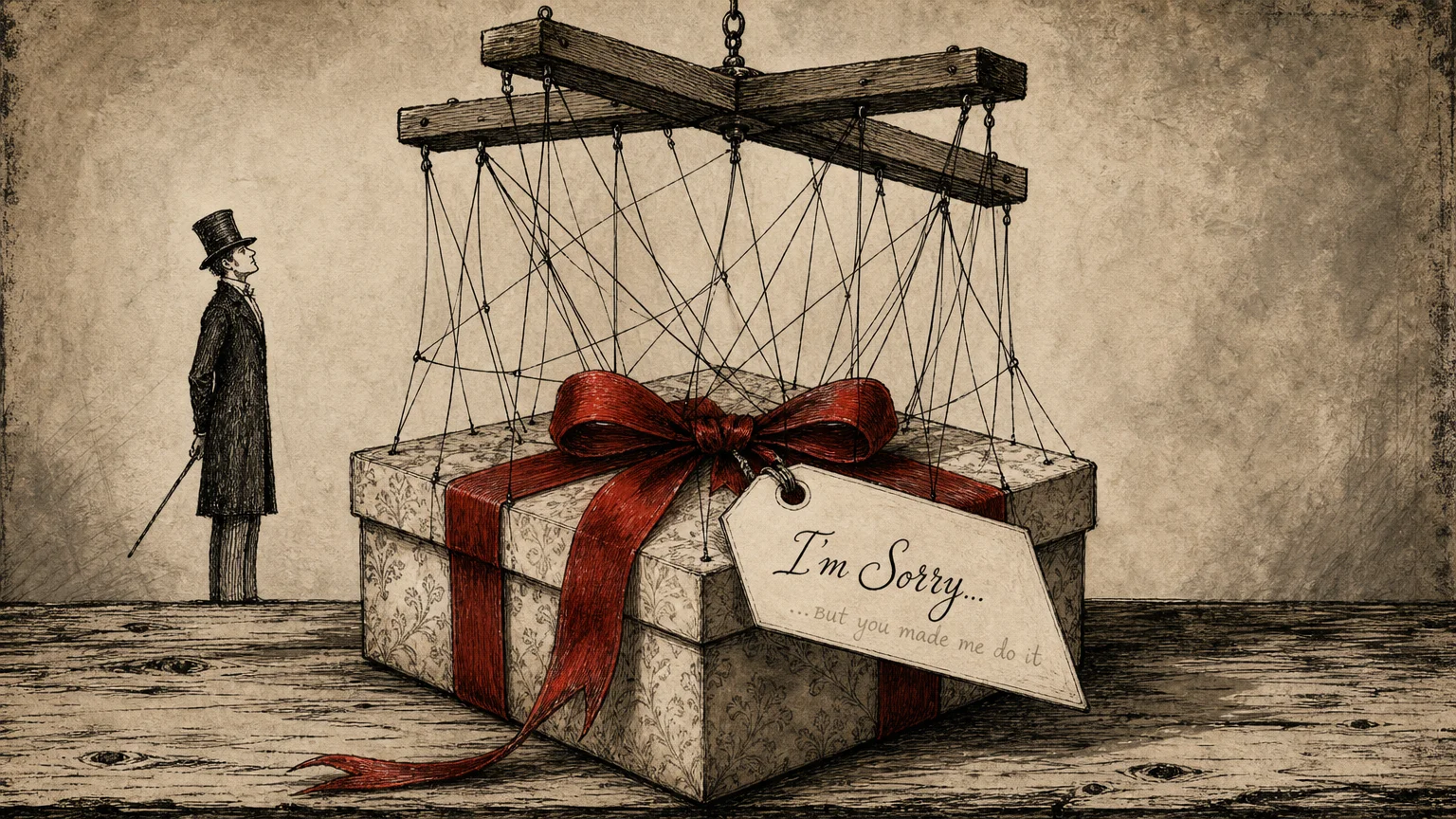 An editorial illustration of an apology gift box attached to puppet strings, with a tag reading 'I'm Sorry... BUT you made me do it'.
