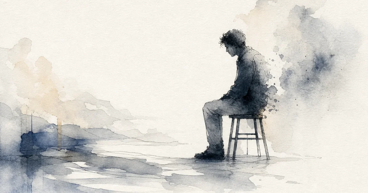 An editorial ink and watercolor illustration of a lonely figure fading into soft gray washes, symbolizing emotional vulnerability.