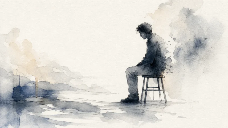 An editorial ink and watercolor illustration of a lonely figure fading into soft gray washes, symbolizing emotional vulnerability.
