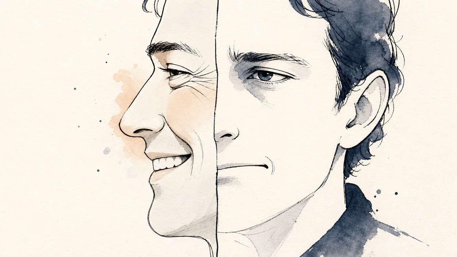 An editorial ink and watercolor illustration of a split face showing a genuine smile versus a forced, asymmetrical micro-expression.