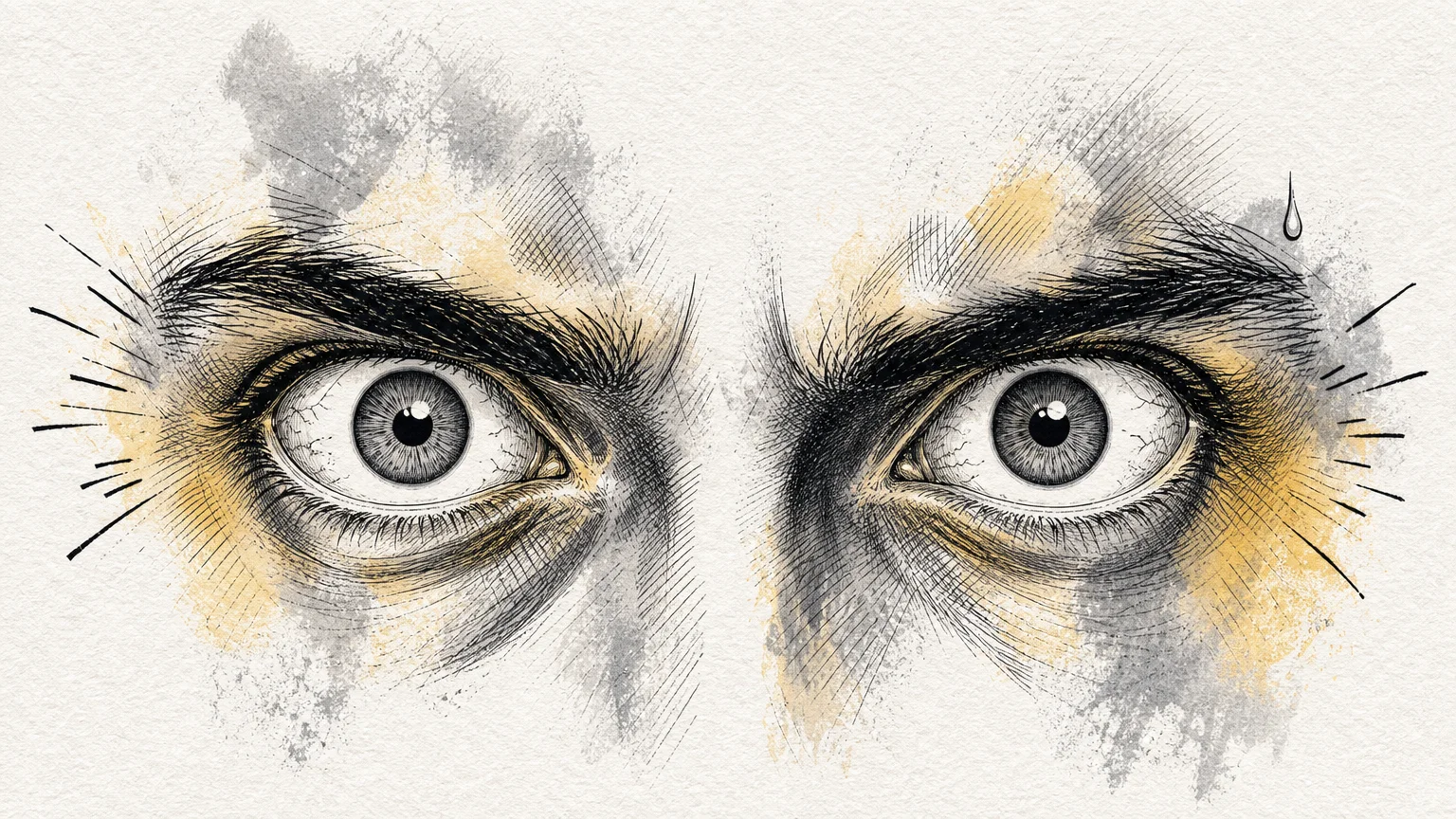 An editorial ink and watercolor illustration of intense, unblinking eyes showing the strain of forced eye contact.