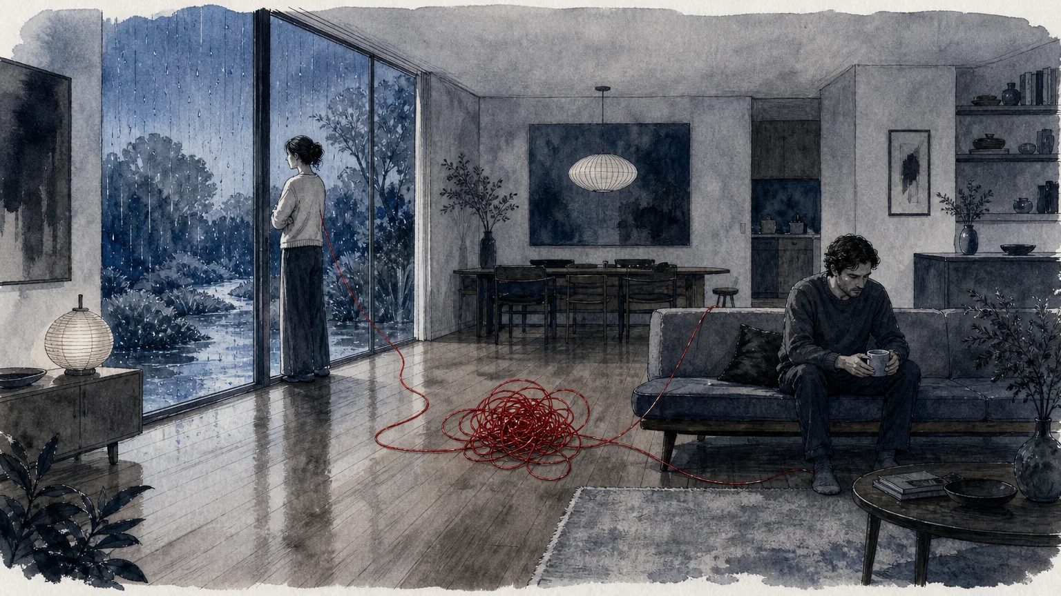 An editorial watercolor illustration of a couple sitting apart in a cool-toned room with a tangled red thread running between them.