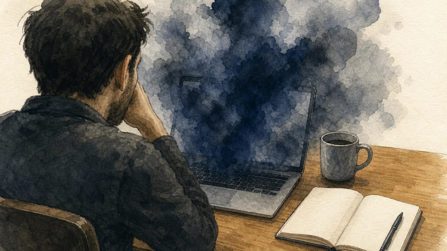 An editorial watercolor illustration of a laptop on a desk with a soft indigo ink cloud hovering over the keyboard, symbolizing brain fog.