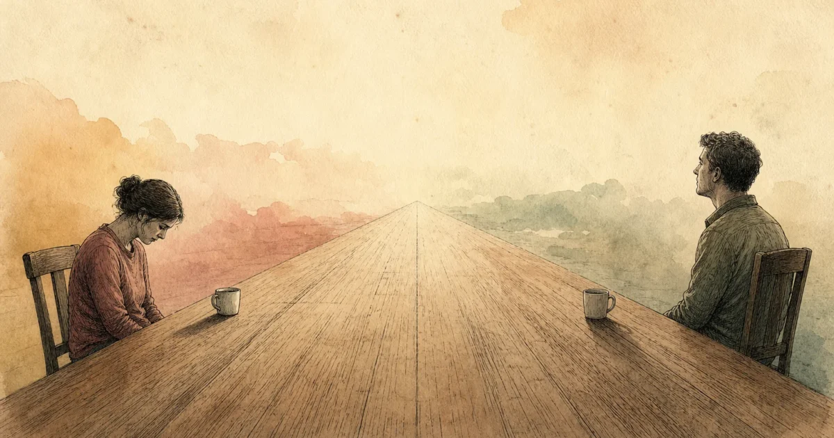 An editorial watercolor illustration of two people sitting at an impossibly long dining table, symbolizing emotional distance.