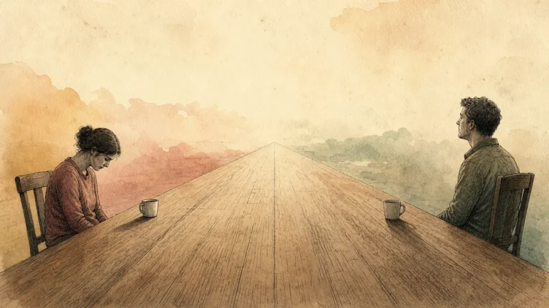 An editorial watercolor illustration of two people sitting at an impossibly long dining table, symbolizing emotional distance.