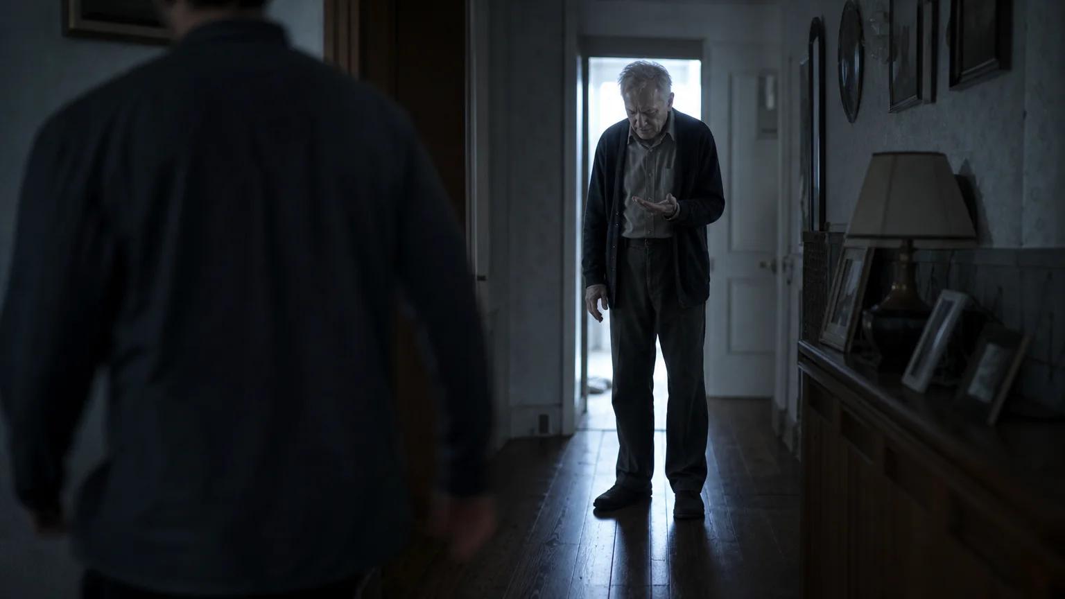 An elderly man looks at his trembling hand in a dark hallway while his child walks away in the blurred foreground.