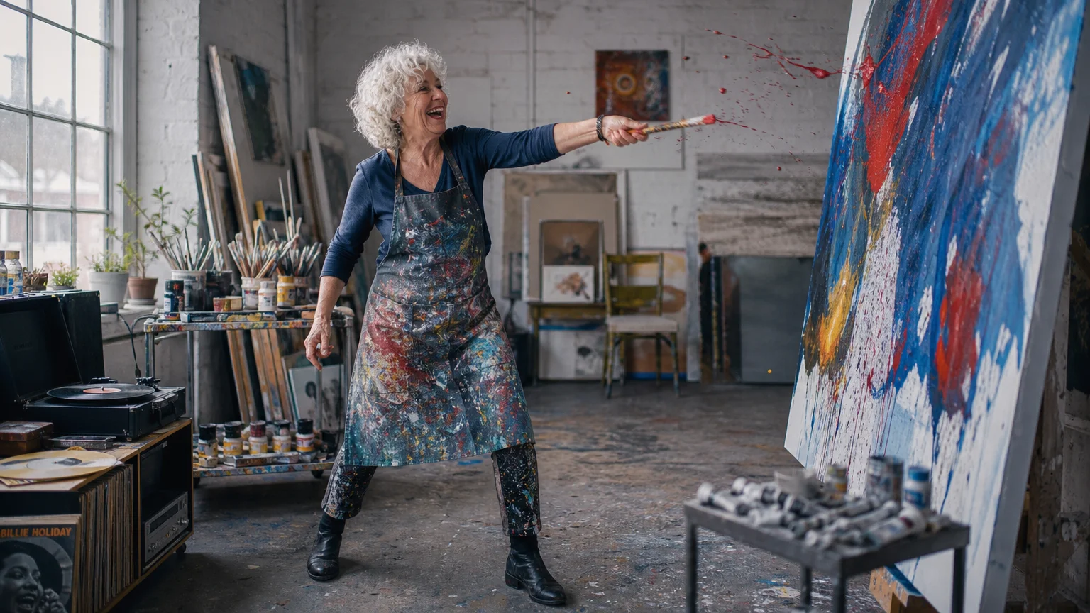 An elderly woman laughing and painting in a messy art studio, surrounded by vibrant canvases and art supplies.