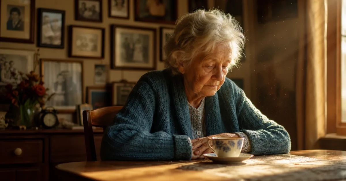 An elderly woman sits alone at a dining table in soft afternoon light, looking down at a tea cup in a quiet, nostalgic home setting.