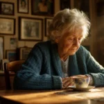An elderly woman sits alone at a dining table in soft afternoon light, looking down at a tea cup in a quiet, nostalgic home setting.