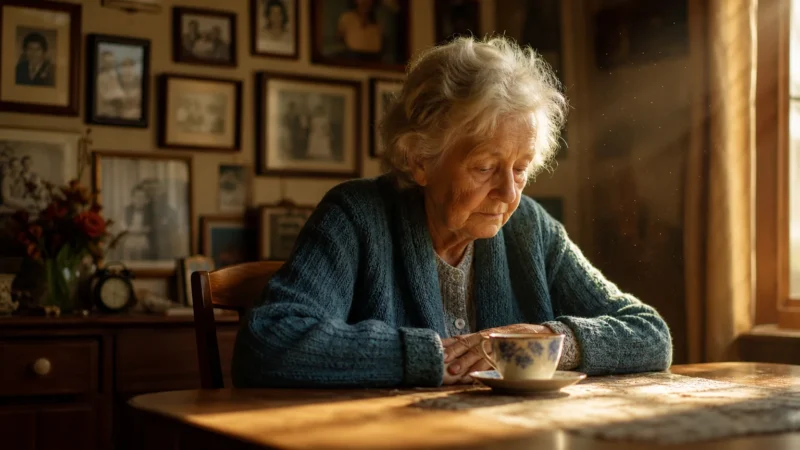An elderly woman sits alone at a dining table in soft afternoon light, looking down at a tea cup in a quiet, nostalgic home setting.