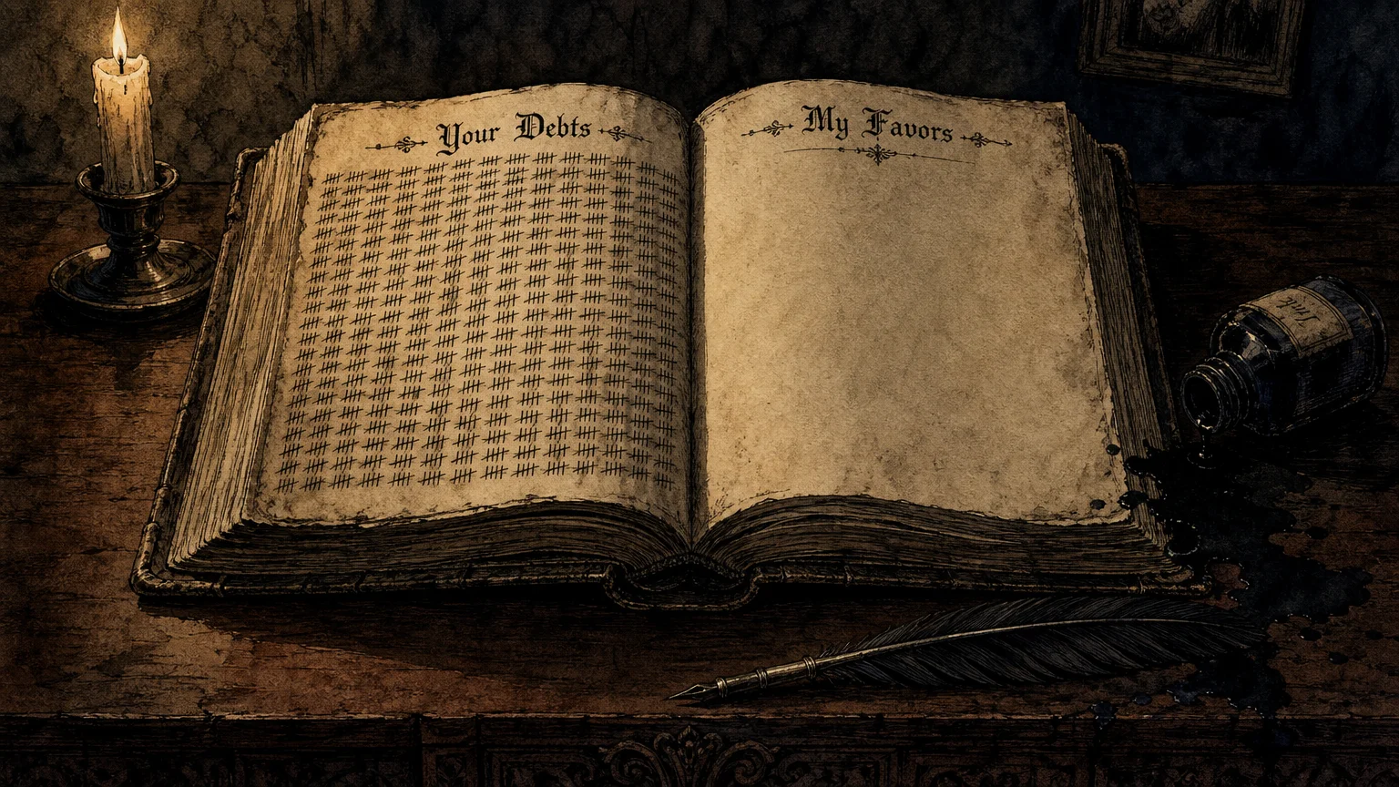 An illustration of a large ledger book filled with tally marks labeled 'Your Debts'.