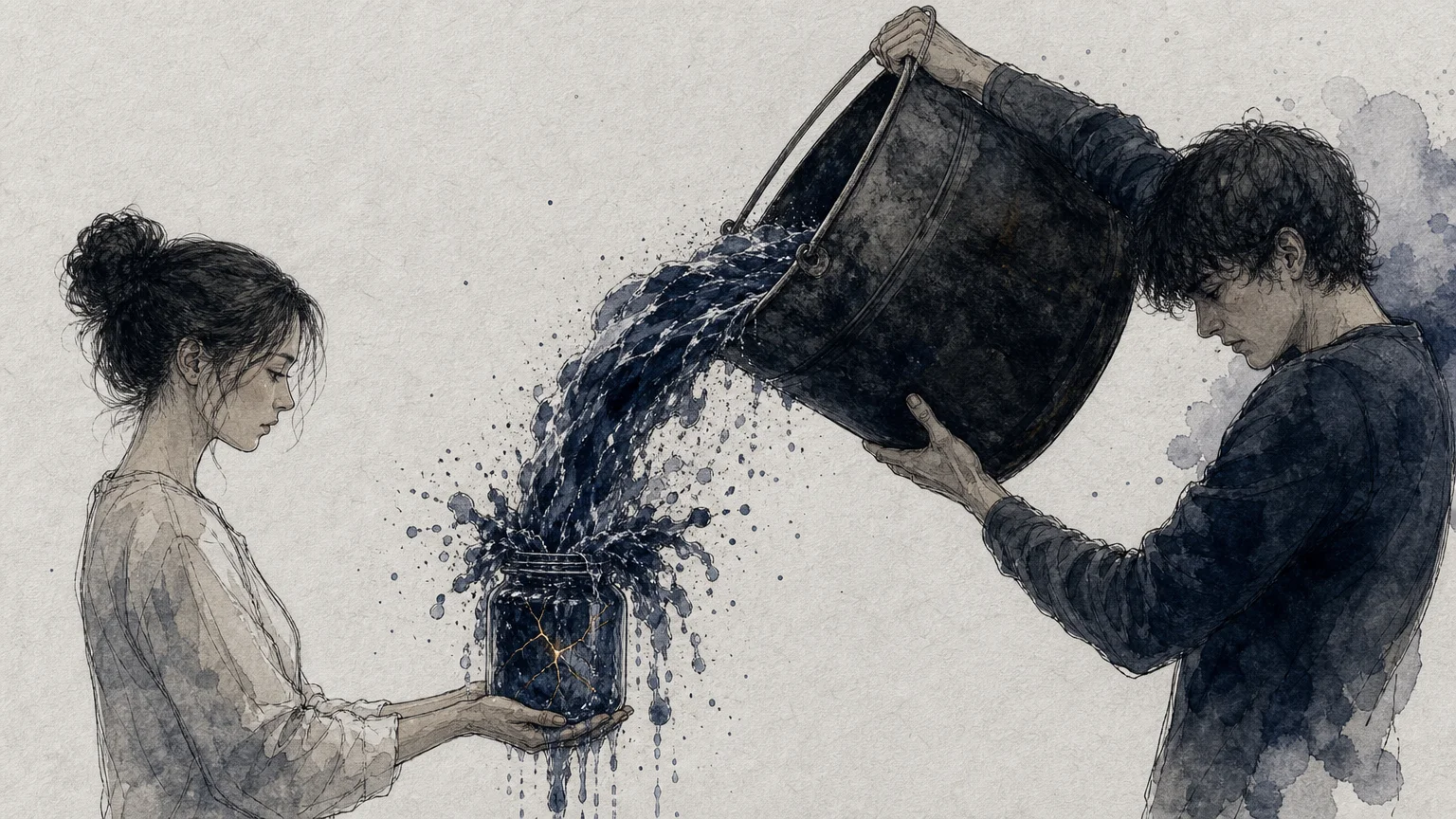 An illustration of a massive bucket of stormy water overflowing a small glass jar, representing emotional trauma dumping.