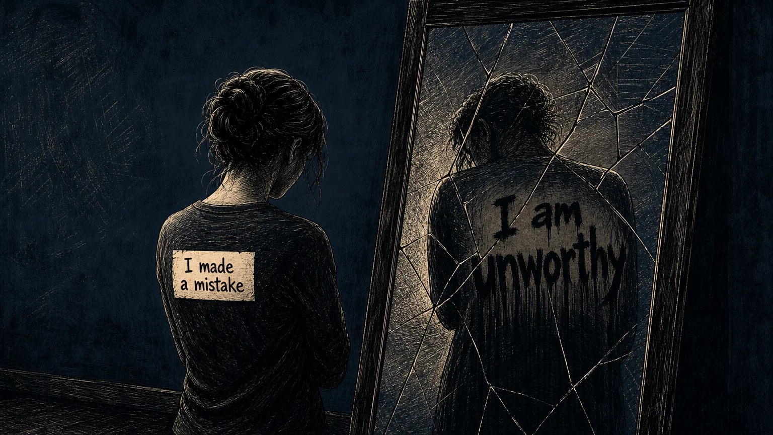 An illustration of a person looking in a mirror where the label 'I made a mistake' on their back is reflected as 'I am unworthy'.