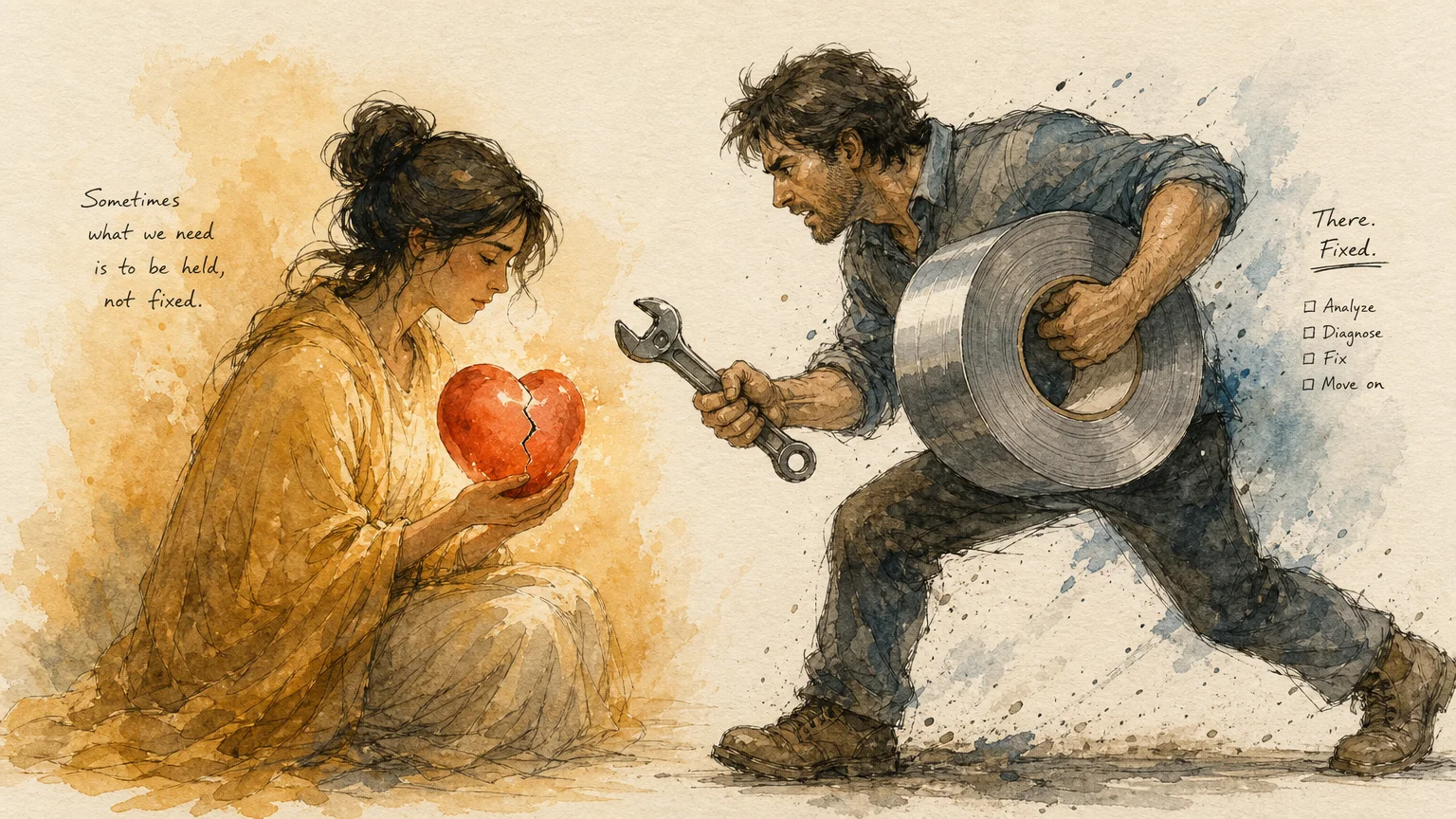 An illustration of a person offering heavy tools to fix a cracked heart, representing unsolicited advice over empathy.